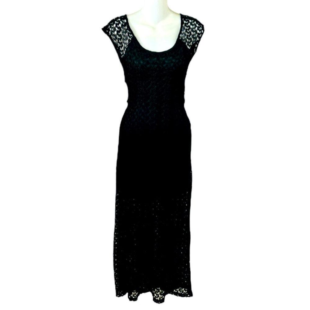 Knit Mesh Maxi Dress Black full length crew neck open back